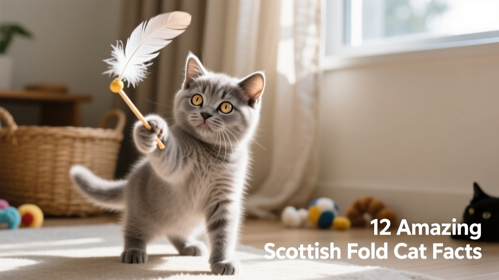 A playful Scottish Fold kitten batting at a feather wand toy, showcasing its expressive face and folded ears