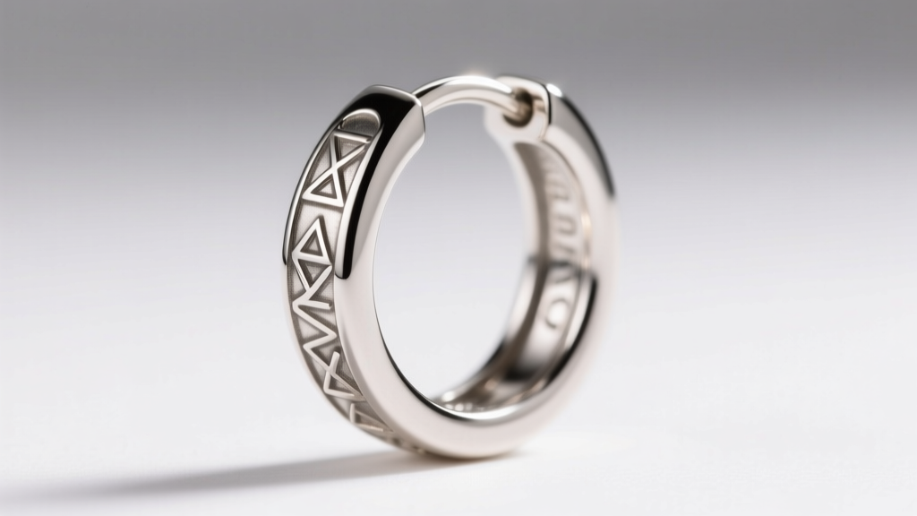 Macro shot of 20-gauge sterling silver huggie earring with subtle engraved Kryptonian glyph, illuminated by soft studio light.