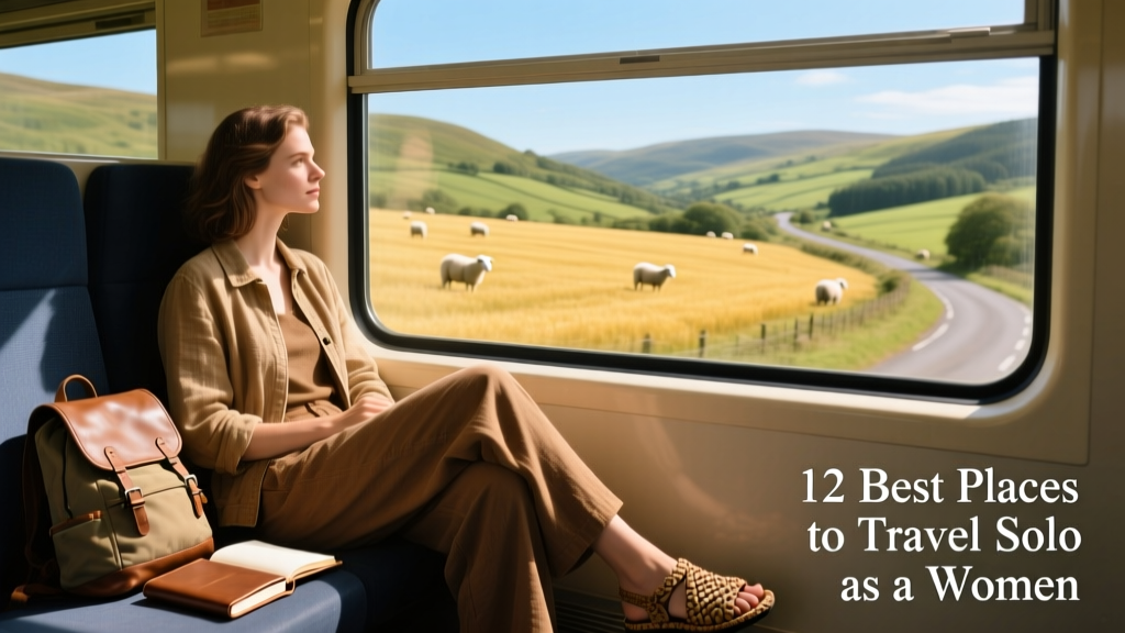 A solo woman seated comfortably on a train window seat, gazing out at sunlit countryside rolling past