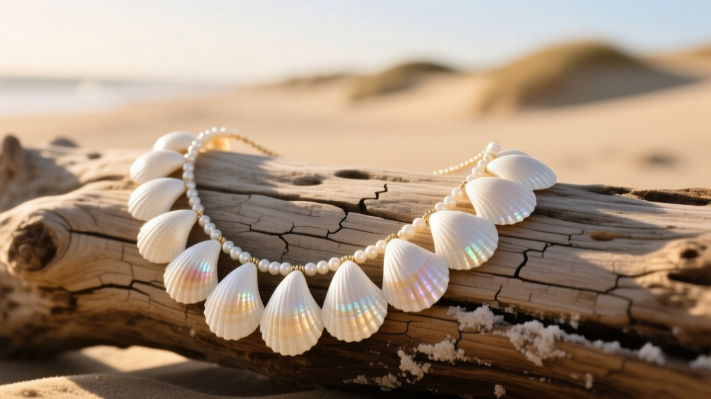 Graduated pucca shell necklace on driftwood, showing creamy white cone shells illuminated by soft, natural coastal sunlight