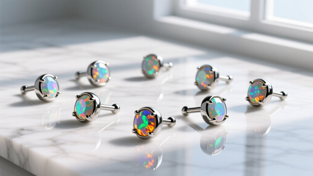 Flat-lay of implant-grade titanium flat-back labret studs with polished bezel-set opals on a white marble surface, bright.