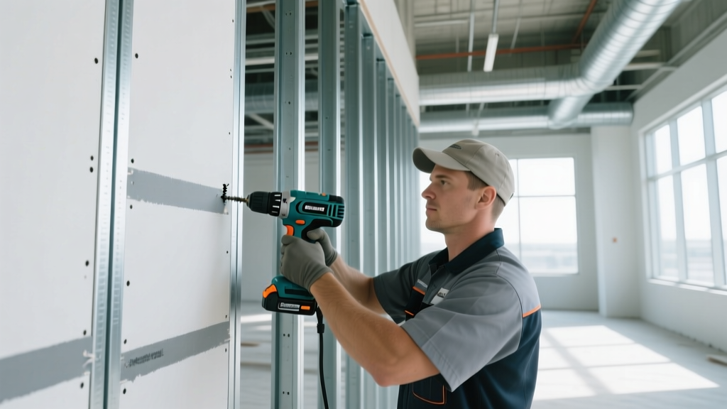 Installer using a collated screw gun to fasten 5/8-inch Type X gypsum board to steel studs in a commercial framing project