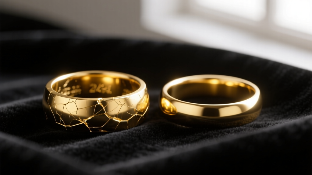 Macro shot of a scratched 24k pure gold ring next to a polished 14k yellow gold wedding band resting on dark velvet fabric.