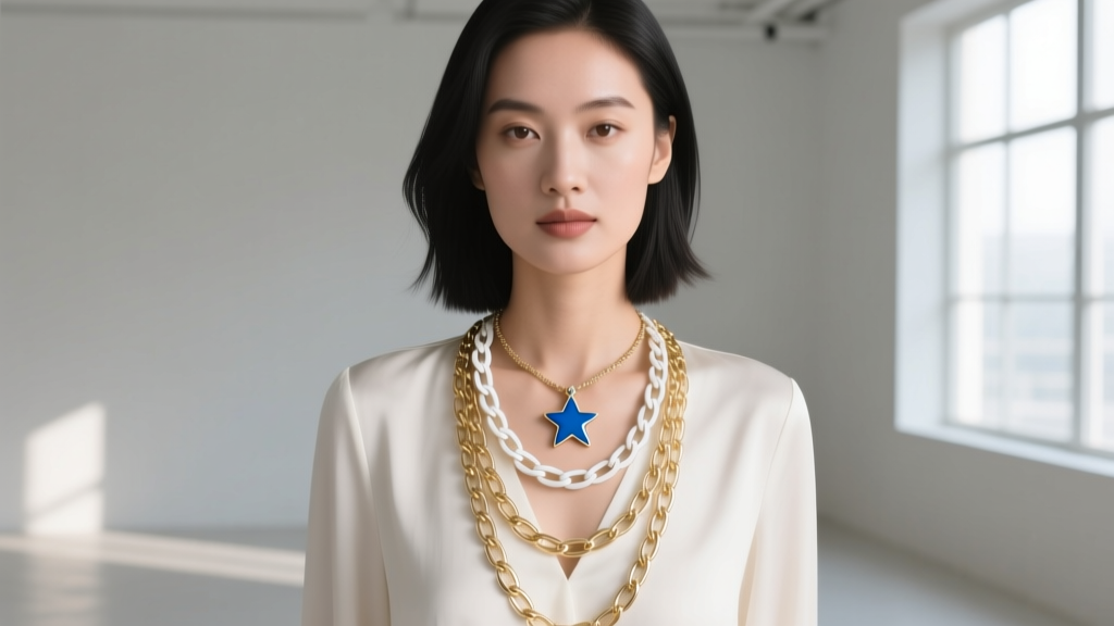 Woman wearing layered 16 and 18-inch white gold chains, highlighting a small blue enamel star pendant resting at her collarbone.