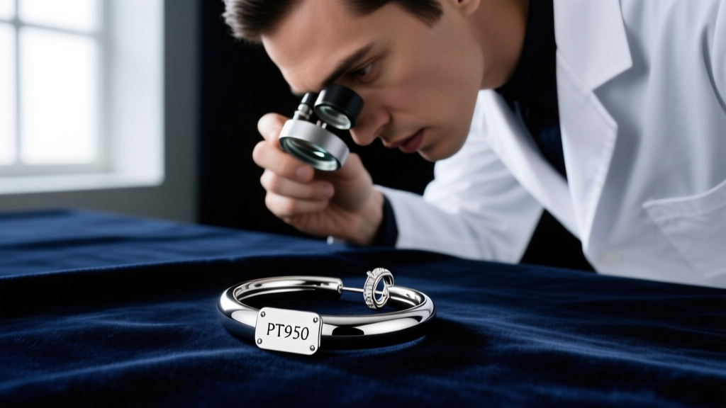 Jeweler using a loupe to inspect a soldered platinum earring tag marked PT950 on a delicate hoop earring against dark velvet.