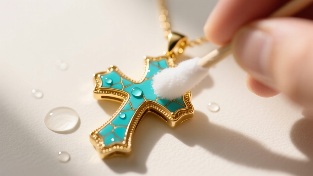 Gold vermeil necklace cross chain pendant with turquoise inlay being gently cleaned with a cotton swab and mild soapy solution