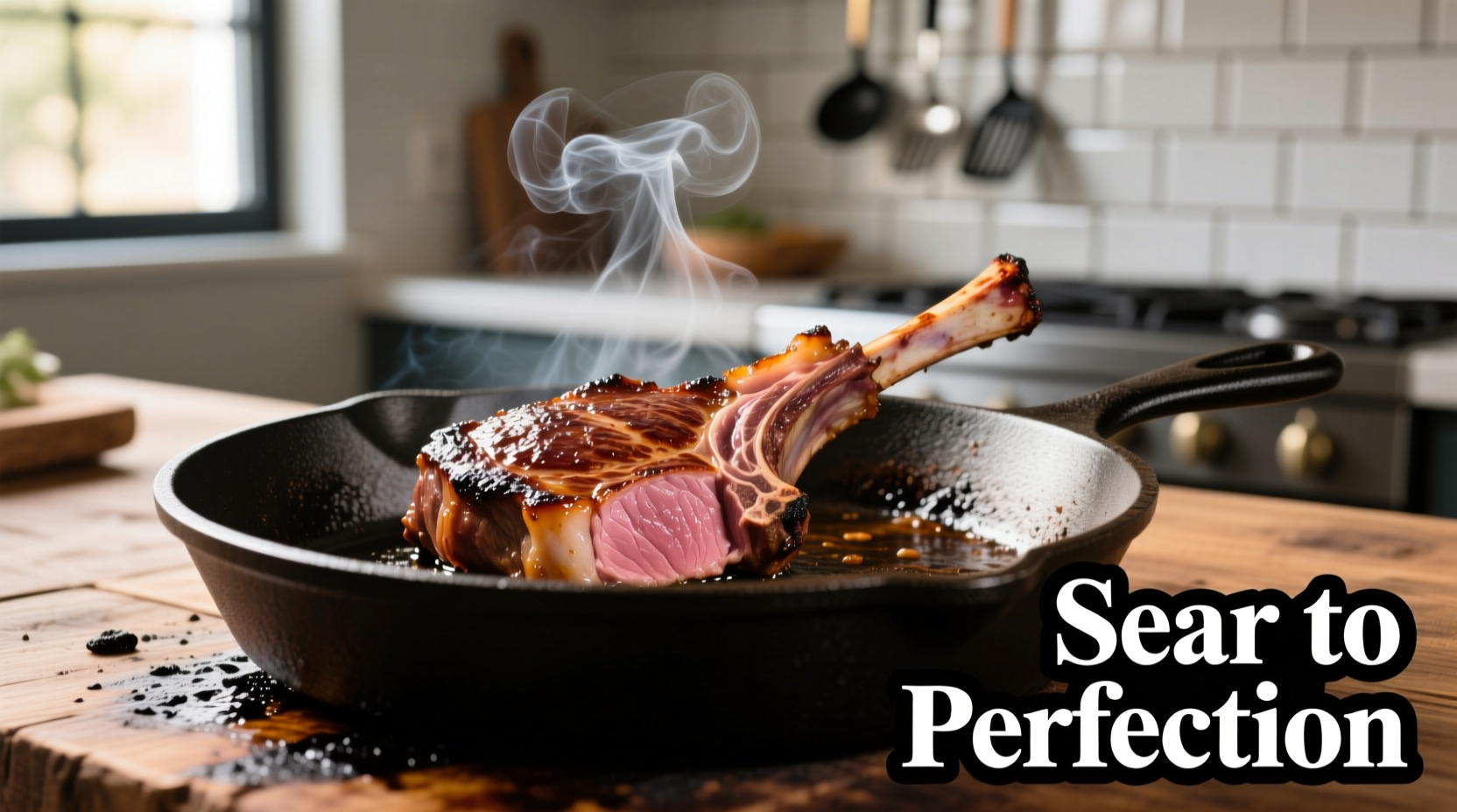 Perfectly seared lamb chops on cast iron skillet