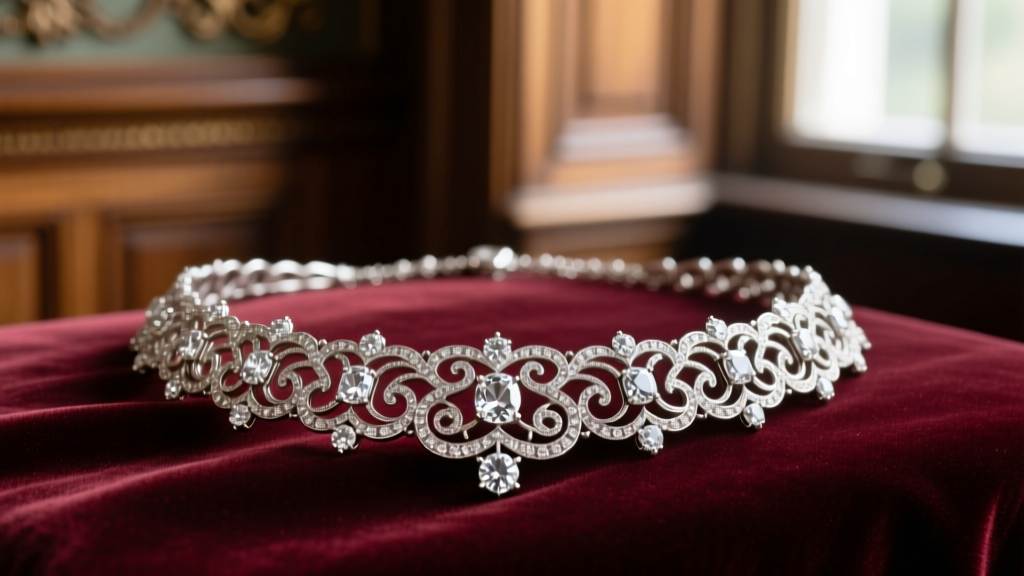 Macro shot of a Belle Époque platinum diamond necklace on velvet, highlighting delicate lace filigree and old European cut stones.