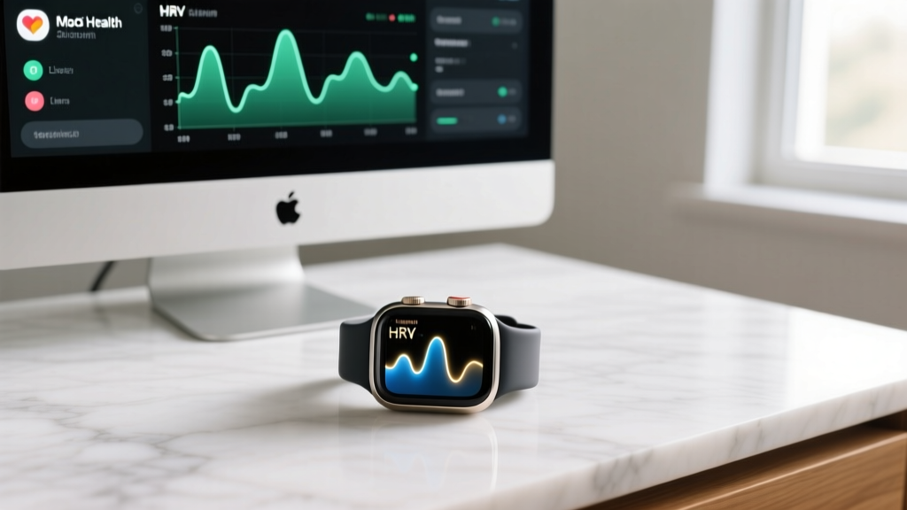 Overhead view of a smartwatch displaying a high heart rate variability graph synced to a macOS Health dashboard on a vertical monitor