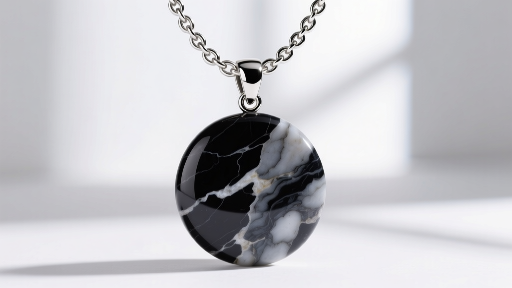 Close-up of a heavy Emperador marble pendant attached to a thick 1.5mm sterling silver rolo chain with a secure lobster clasp.