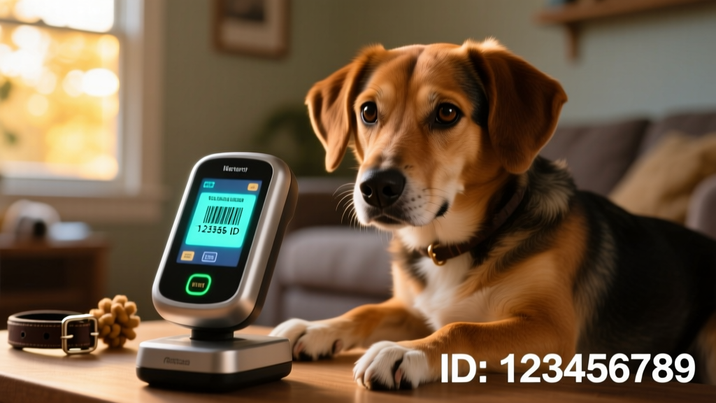 A close-up of a microchip scanner reading a pet's microchip ID number on a screen