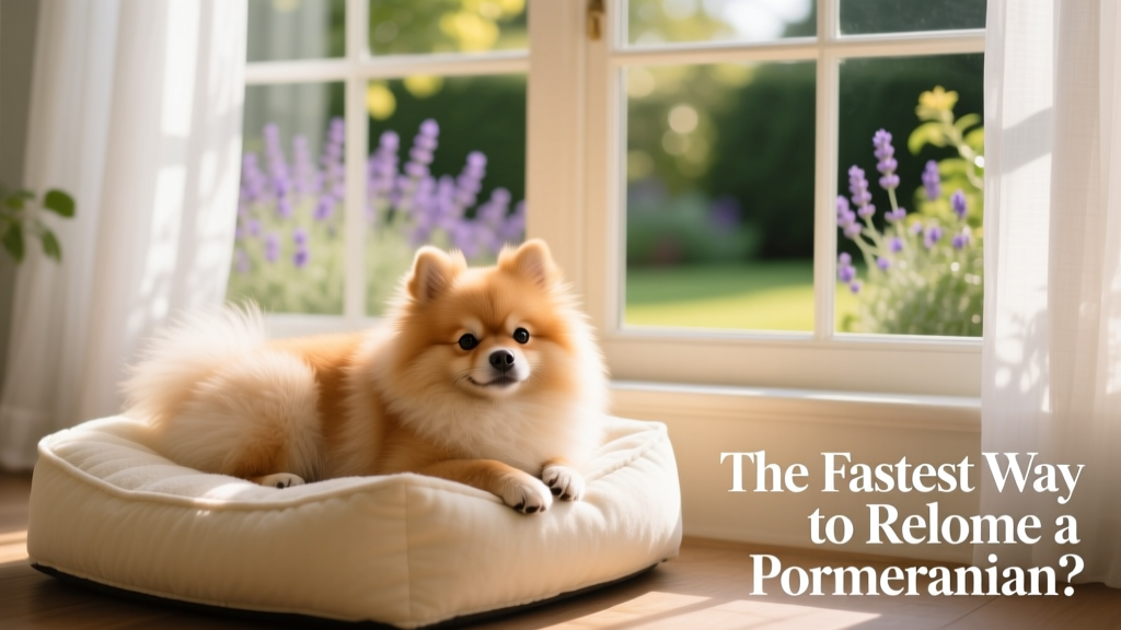 A relaxed Pomeranian curled up on a cozy dog bed beside a window, bathed in soft natural light