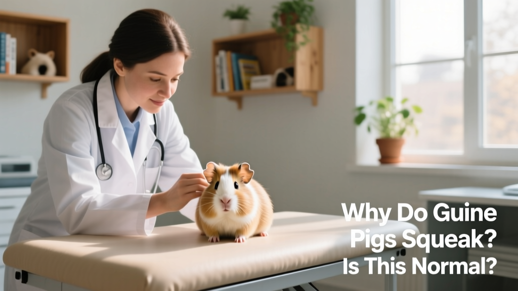 Veterinarian gently examining a guinea pig on a padded exam table, both calm and attentive