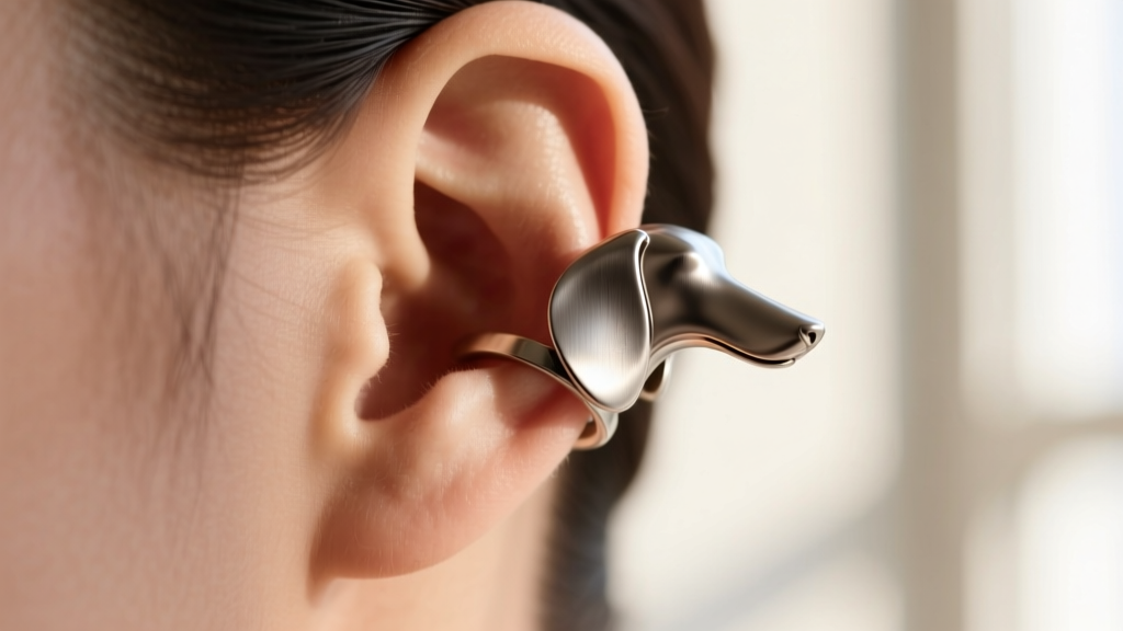 Close-up of a lightweight titanium weiner dog ear cuff wrapping around the upper cartilage, showcasing a matte brushed finish