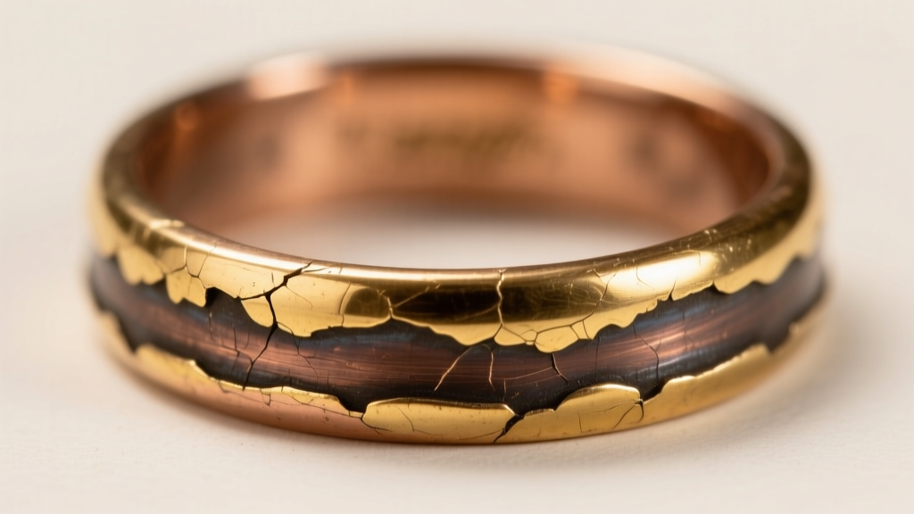 Close-up of a worn gold plated copper ring showing the dark base metal bleeding through the thin gold layer at the inner band edge
