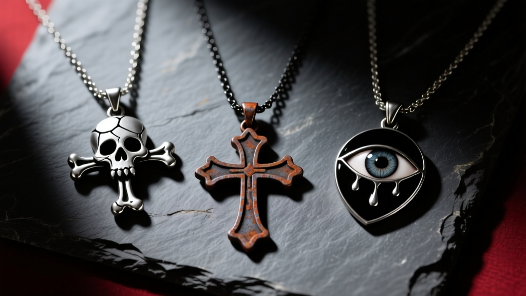 Flat lay of three horror-themed pendant necklaces arranged on a textured slate background under moody, dramatic lighting.