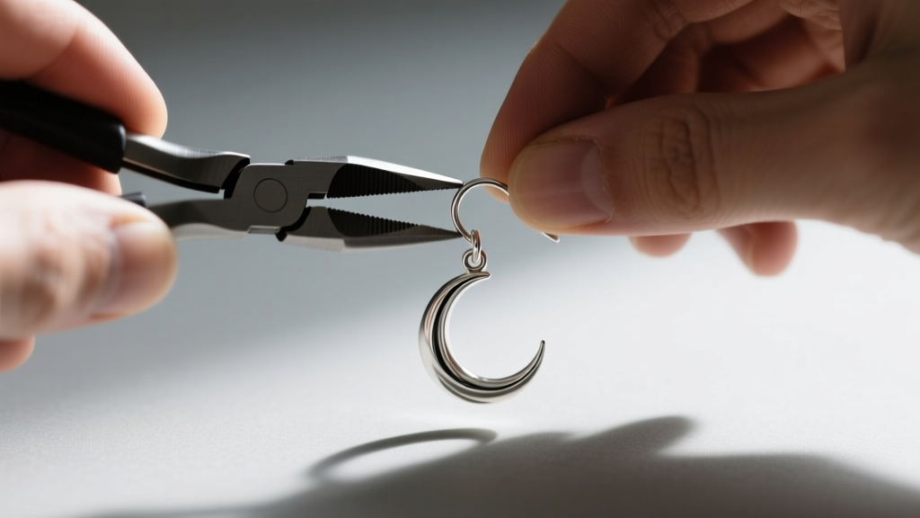 Jeweler using flat-nose pliers to securely close a 20-gauge sterling silver jump ring on a delicate crescent moon dangle earring