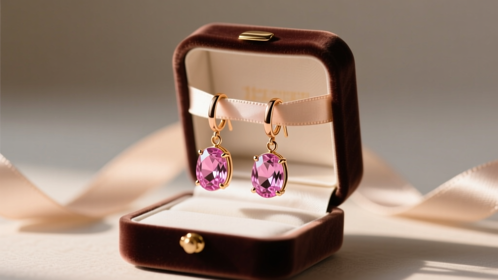 Open velvet box revealing 18k rose gold drop earrings with morganite gems on a silk ribbon against soft, diffused morning light