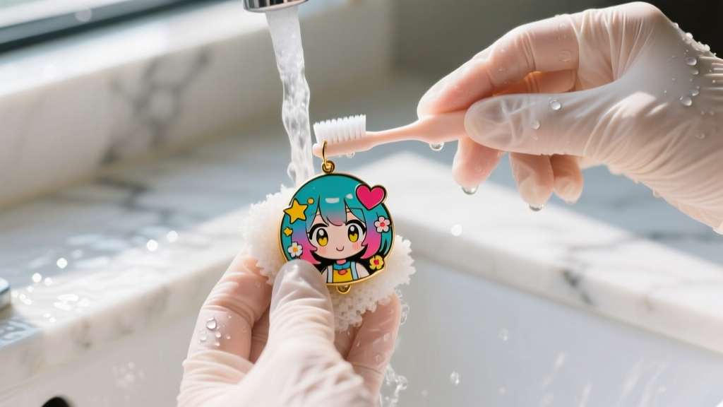 Hands in nitrile gloves gently scrubbing a colorful anime enamel earring with a soft baby toothbrush under warm running water.
