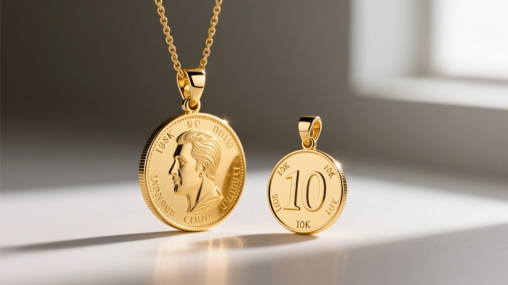 Side profile of an 18k gold coin pendant next to a 10k version, contrasting the rich warm hue of 18k with the paler 10k finish.