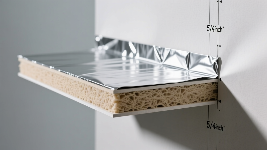 Cross-section of foil backed gypsum board showing aluminum foil vapor retarder laminated to a 5/8-inch Type X drywall panel in a wall