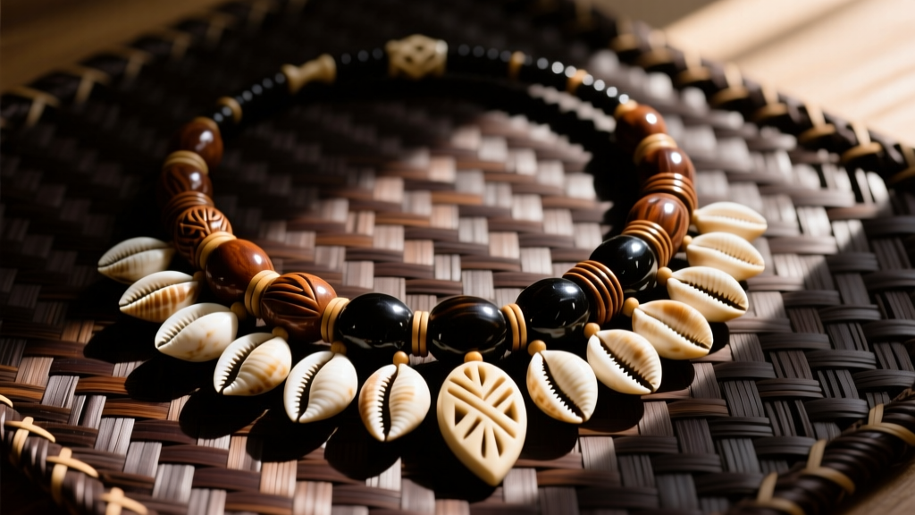 Traditional Samoan necklace of polished cowrie shells and carved bone pendants on a dark woven pandanus mat in natural sunlight.