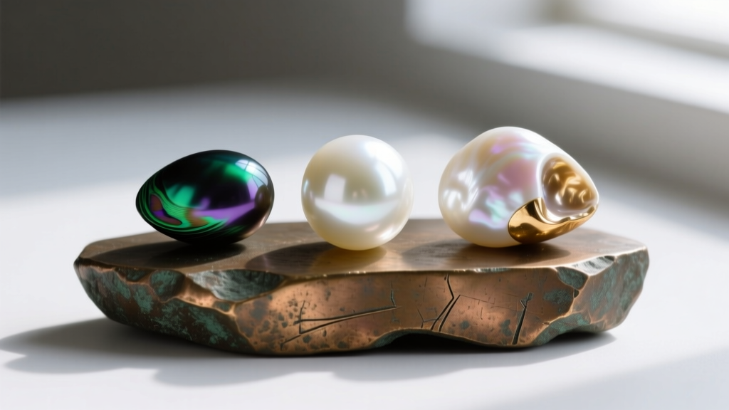 Three pearls resting on a raw bronze ingot: a white Akoya, a peacock Tahitian, and an irregular freshwater baroque pearl.