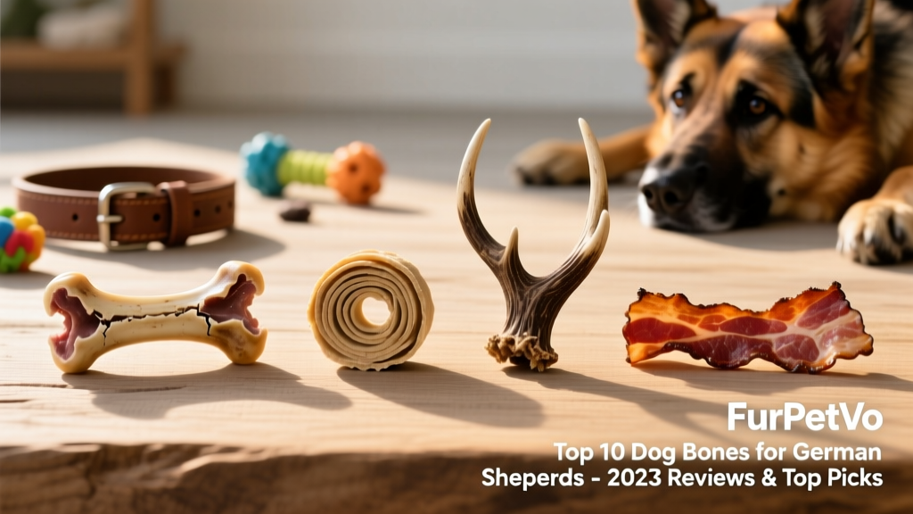 Side-by-side comparison of four FurPetVo chews: beef bone, rawhide roll, elk antler, and edible bacon chew