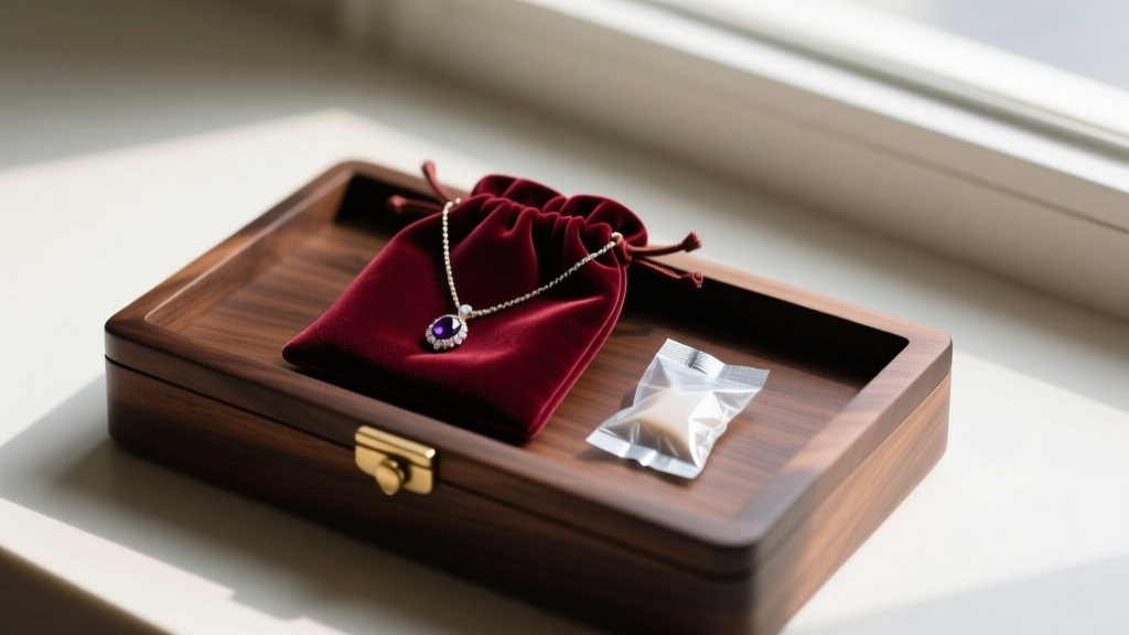 Flat lay of a mood necklace stored in a velvet pouch alongside a silica gel packet, resting on top of a dark wooden jewelry box.