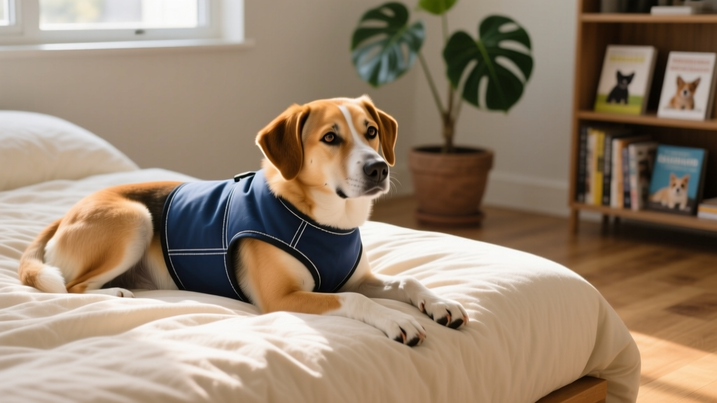 a calm dog wearing a snug-fitting anxiety vest while resting on a cozy bed indoors