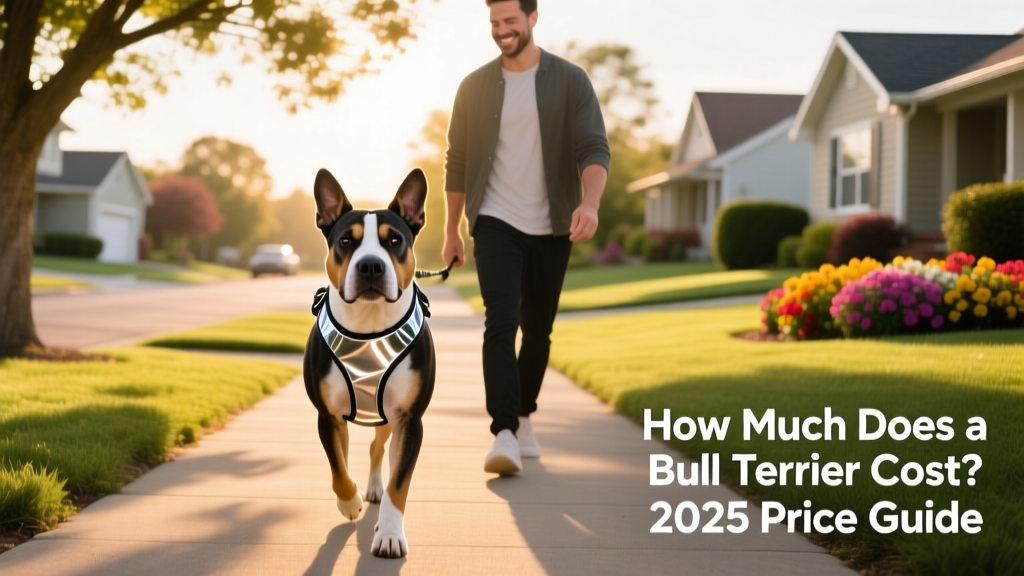 An adult Bull Terrier wearing a reflective harness, walking confidently beside its owner on a sunny neighborhood street