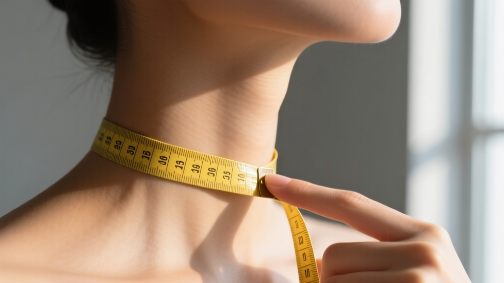 A soft yellow measuring tape wrapped snugly around a neck base, with one finger placed under the tape to show the breathing gap.