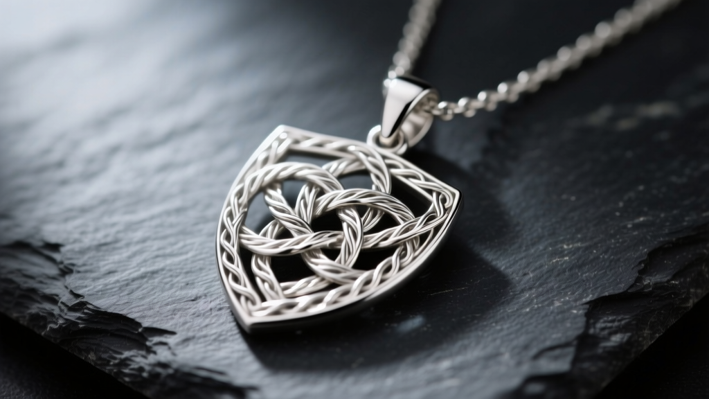 Macro shot of a solid 925 sterling silver Celtic shield knot necklace pendant on dark slate, highlighting intricate woven wirework