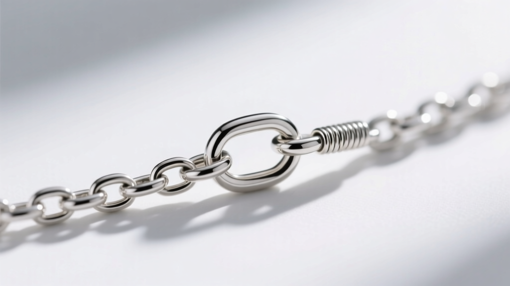 Macro shot of a 1.2mm sterling silver baby cable chain link structure, highlighting the soldered jump ring and a small spring clasp.
