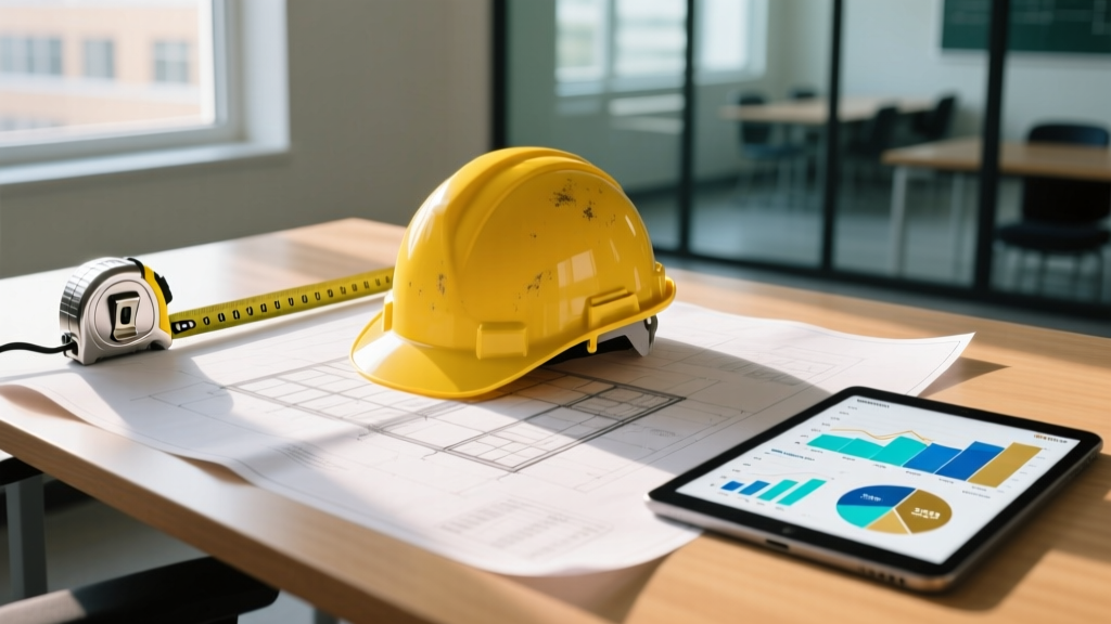Modern high school architectural blueprint on a desk with a yellow hard hat, tape measure, and tablet showing cost charts