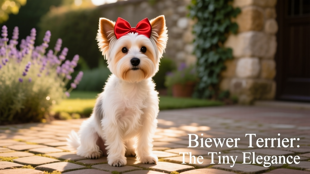 biewer terrier sitting outside in a red bow