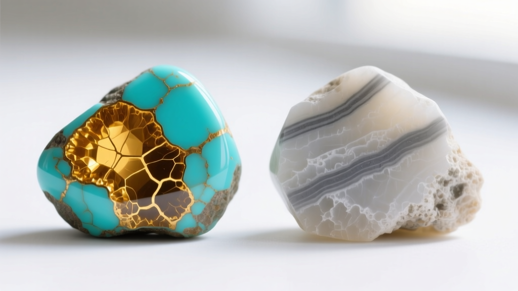 Macro comparison of real Dry Creek turquoise with deep golden matrix versus dyed howlite showing superficial grey lines on white