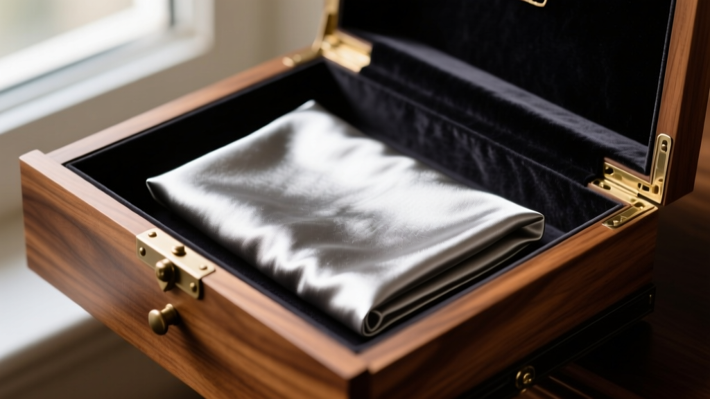 Dark anti-tarnish silvercloth fabric carefully tucked into the drawer of a wooden replica jewelry box to protect sterling silver