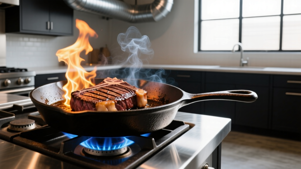 Seasoned Lodge Blacklock 12-inch cast iron skillet searing a thick ribeye steak over high gas flames in an industrial kitchen