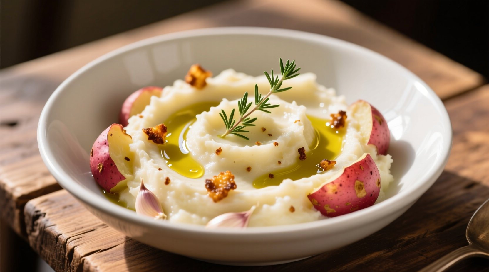 Creamy garlic red skin mashed potatoes in white bowl