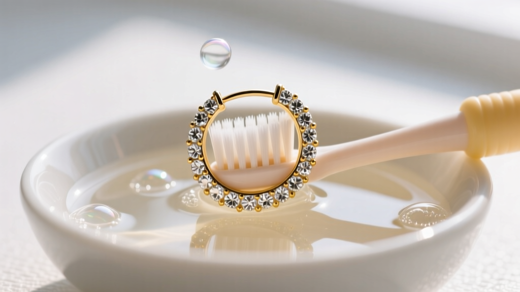 A soft-bristled baby toothbrush gently scrubbing the underside of a pave diamond hoop earring in a bowl of warm, mild soapy water.