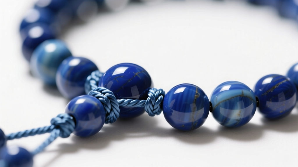 Macro shot of hand-knotted mala beads showing tight even silk knots between smooth 8mm lapis lazuli gemstones in natural daylight.