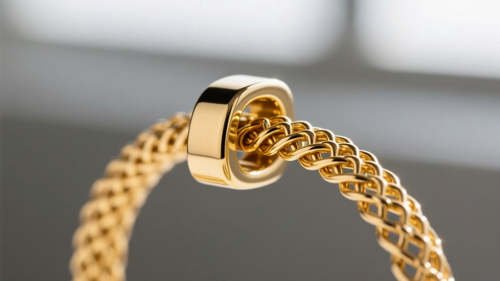 Close-up of a hinged saddleback clasp on a gold vermeil mesh hoop, showing the secure locking mechanism and thick wire post.