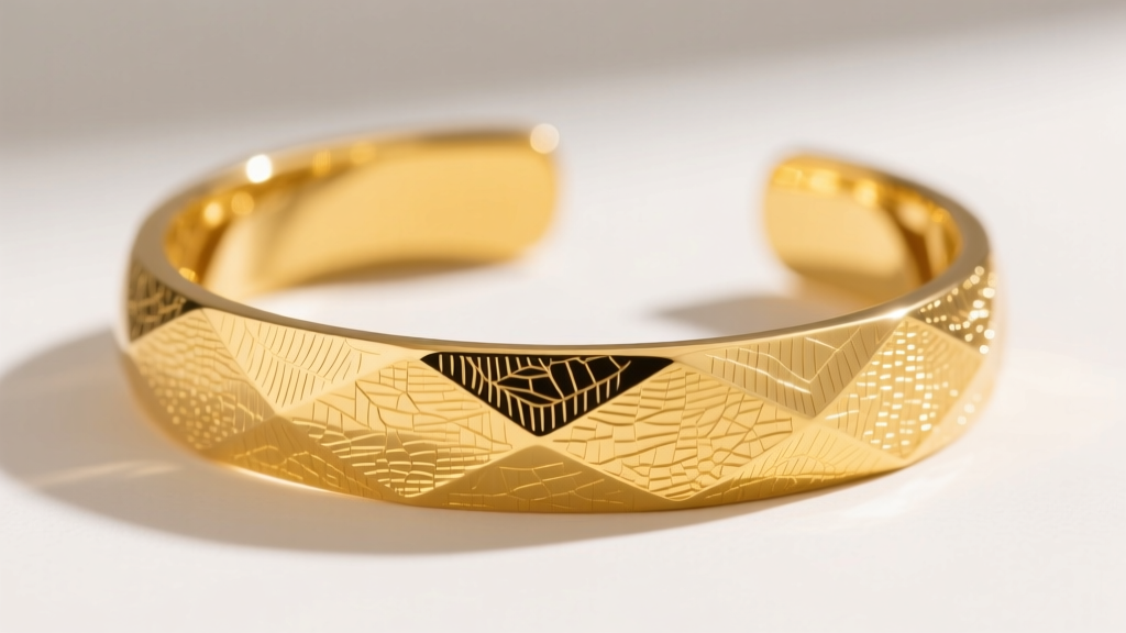 Macro shot of an 18k gold art bracelet showing deep reticulation textures, highlighting the rich buttery yellow metallic luster