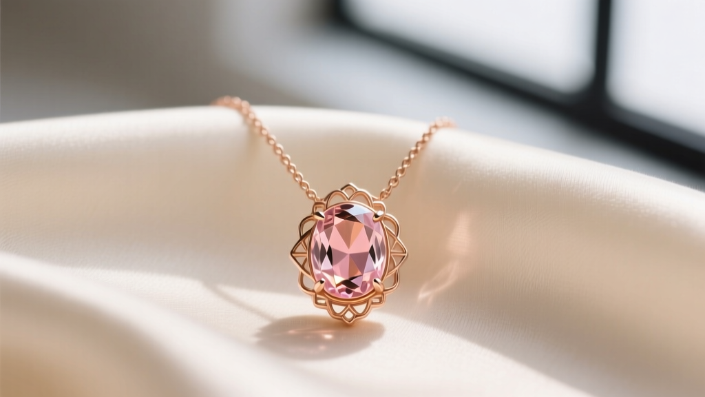Close-up of a 14k rose gold pendant necklace featuring a 3-carat oval peach morganite gemstone resting on soft cream silk fabric.
