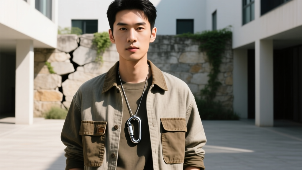 A person wearing a layered utilitarian outfit with a titanium carabiner pendant necklace catching natural sunlight outdoors.