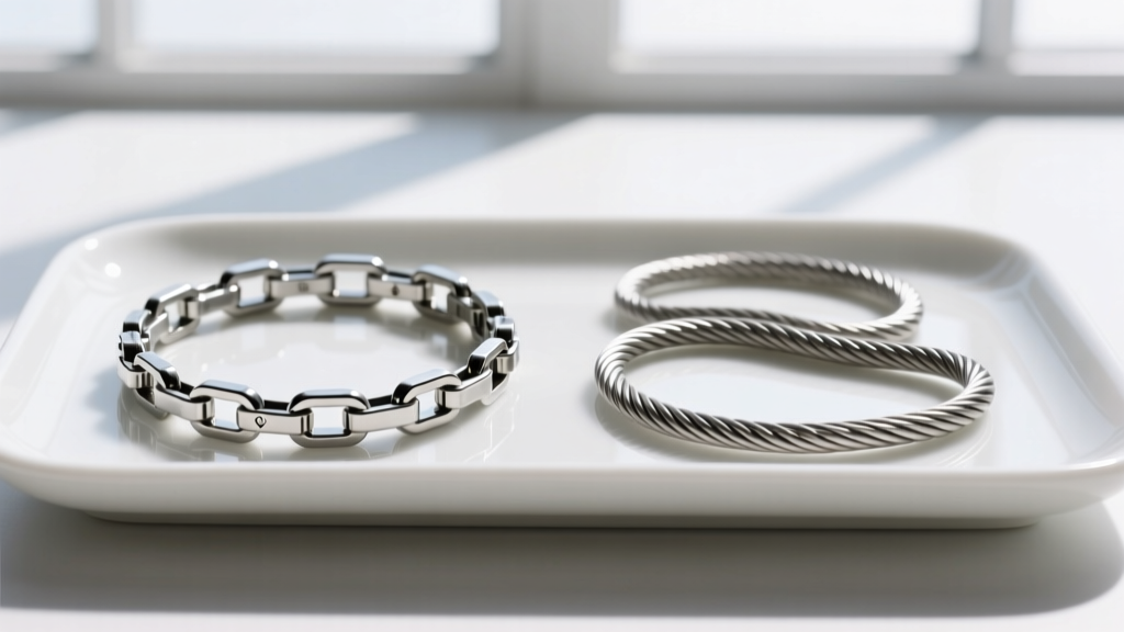 Side-by-side macro comparison of a rigid omega chain and highly flexible cable chain resting on a white ceramic gemological tray