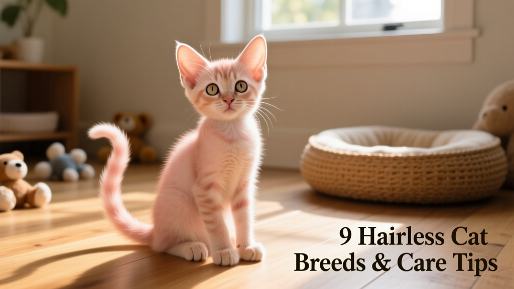 An Elf kitten sitting upright, showcasing curled ears and soft peach-fuzz texture on its back and tail
