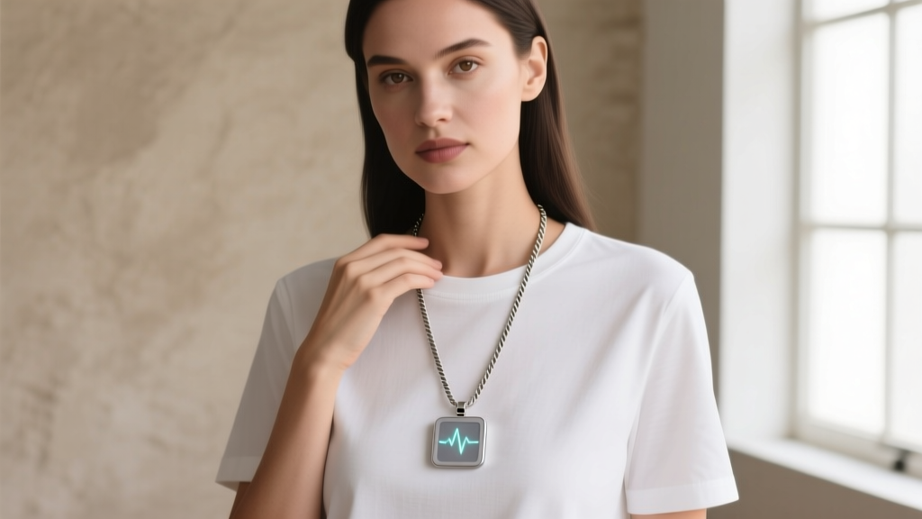 Woman wearing an 18-inch cable chain electronic necklace with an e-ink pendant over a crisp white cotton crew-neck shirt.