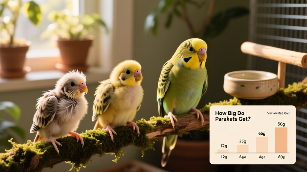 Side-by-side comparison showing a newly hatched parakeet chick, a 3-week-old feathering chick, and a fully fledged juvenile